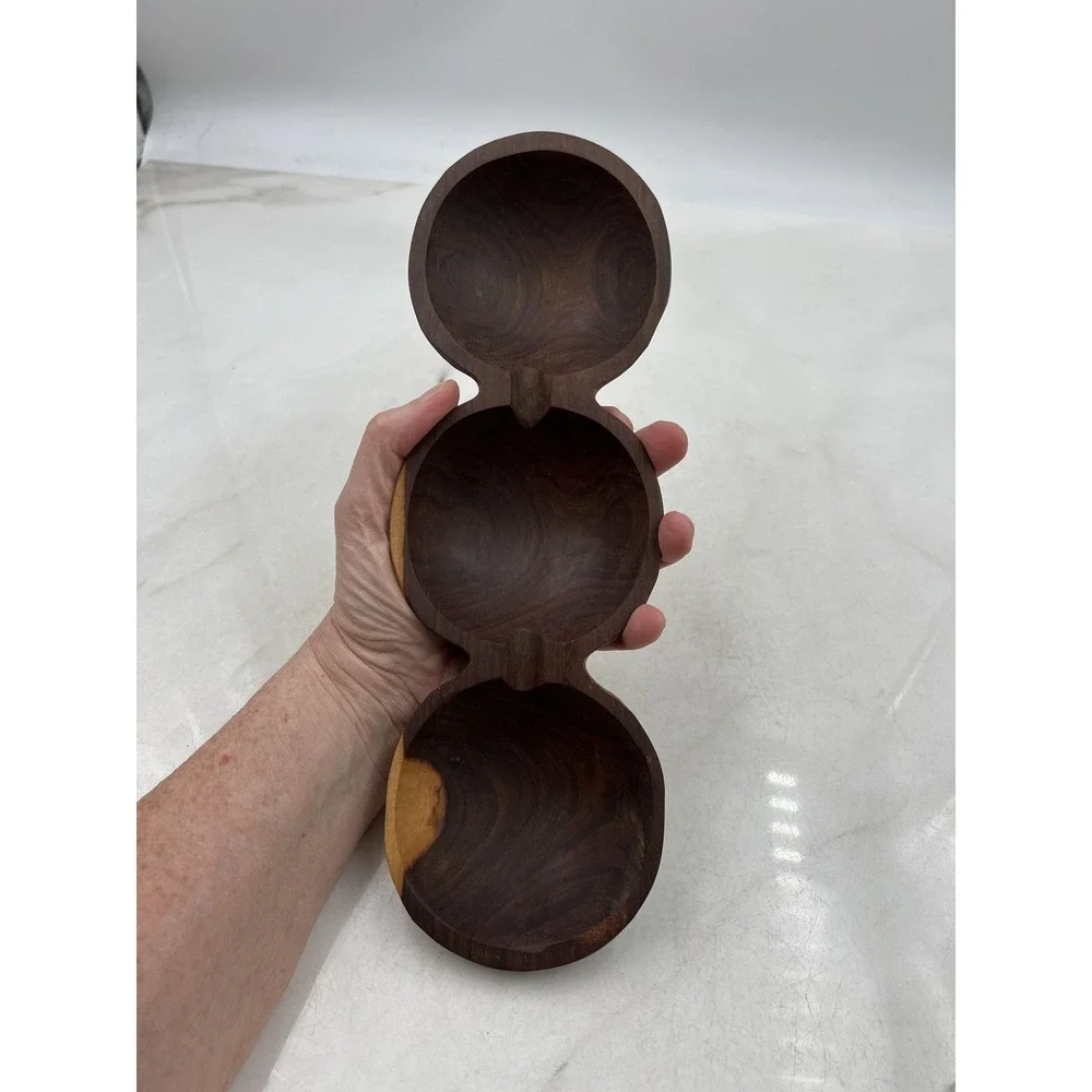 VTG Wooden Serving Tray Nut Dish Hand Carved 3 Section Live Edge Dark Wood